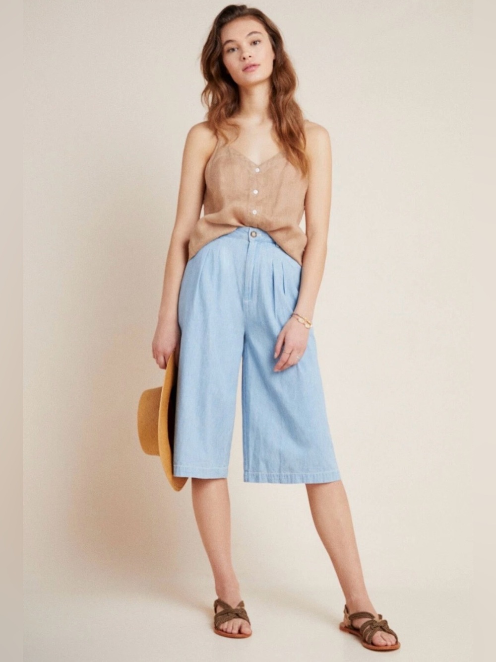 Pilcro and the Letterpress Anthropologie Pleated Wide Leg Denim Culottes Size 27